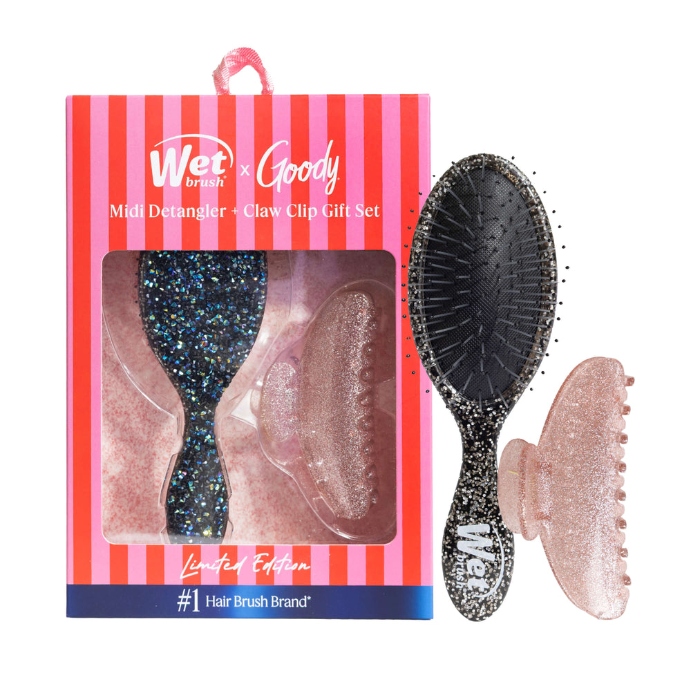 Pink Tie Affair Midi Detangler & Goody Claw Clip Gift Set- Black & Sparkly Pink