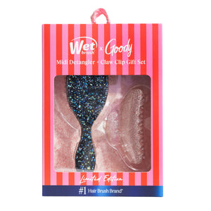 Pink Tie Affair Midi Detangler & Goody Claw Clip Gift Set- Black & Sparkly Pink