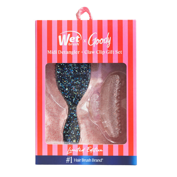 Pink Tie Affair Midi Detangler & Goody Claw Clip Gift Set- Black & Sparkly Pink