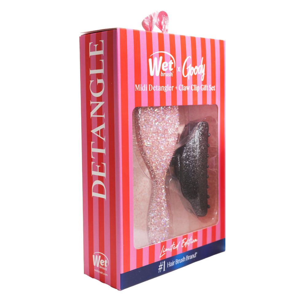 Pink Tie Affair Midi Detangler & Goody Claw Clip Gift Set - Light Pink & Sparkly Black