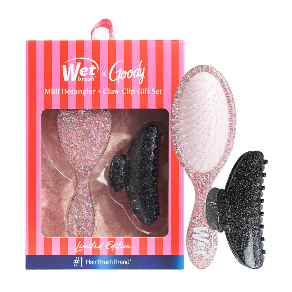 Pink Tie Affair Midi Detangler & Goody Claw Clip Gift Set - Light Pink & Sparkly Black
