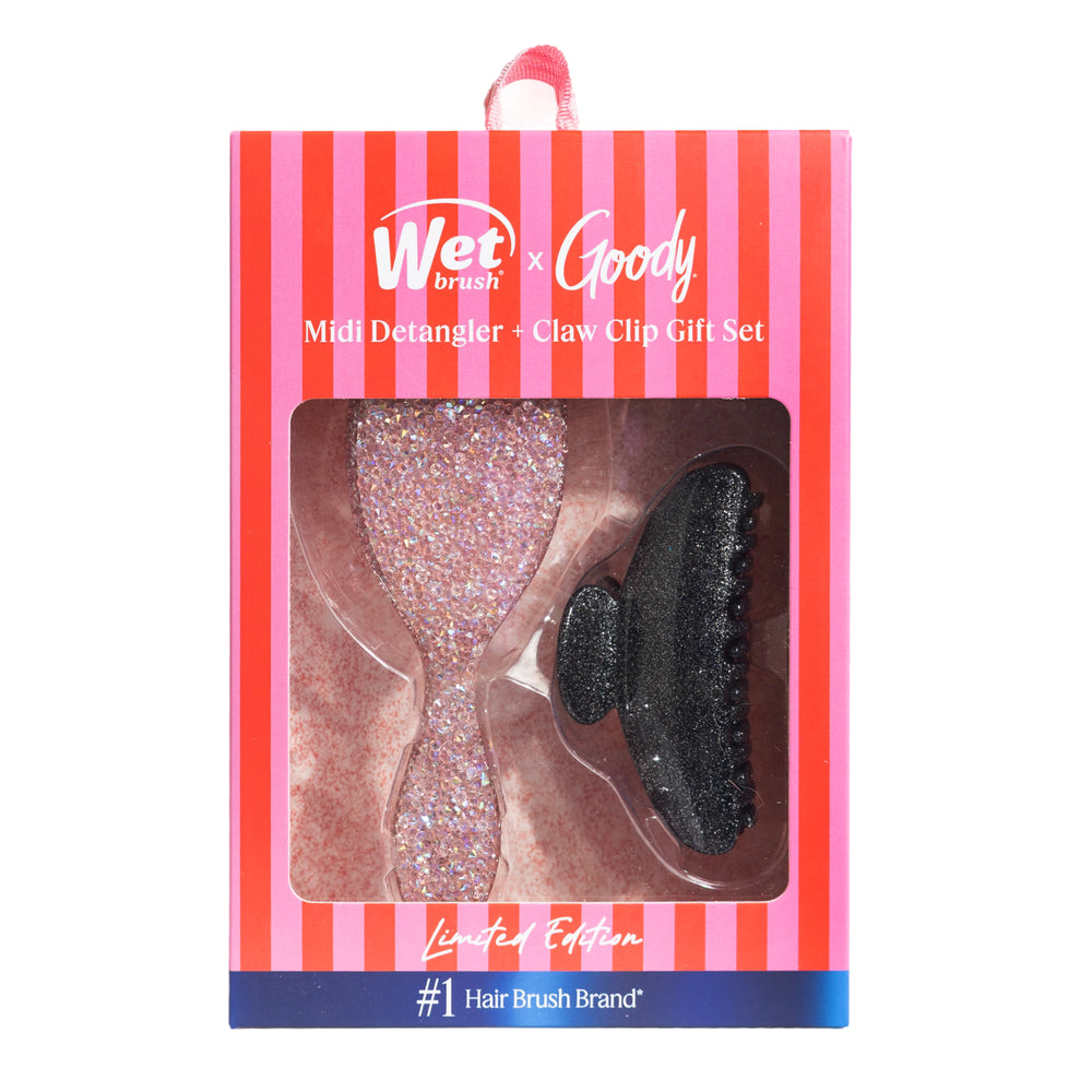 Pink Tie Affair Midi Detangler & Goody Claw Clip Gift Set - Light Pink & Sparkly Black